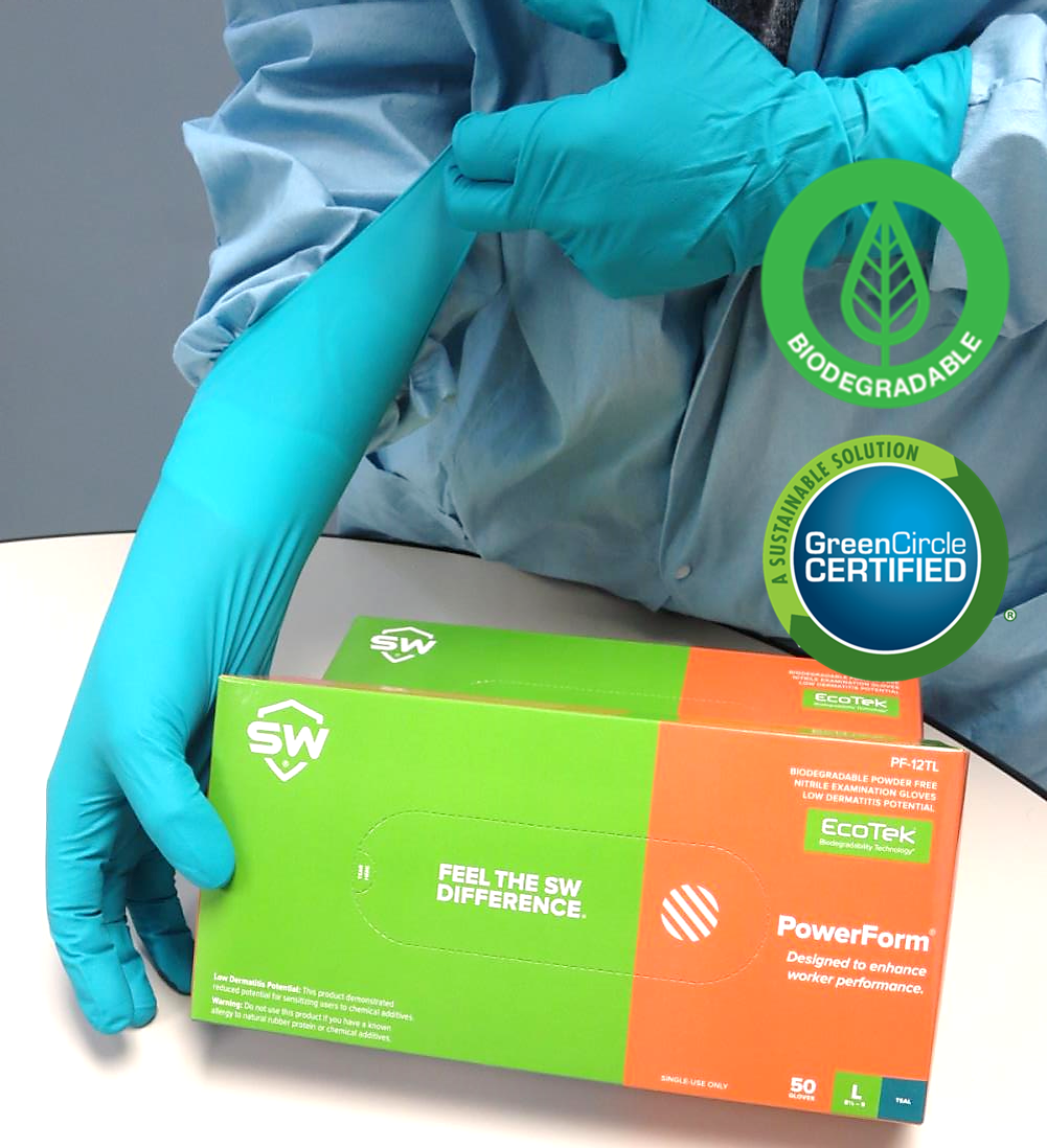 PF-12TL SW Safety® PowerForm® EcoTek® Biodegradable 12-inch Teal Nitrile Exam Gloves with extended cuffs